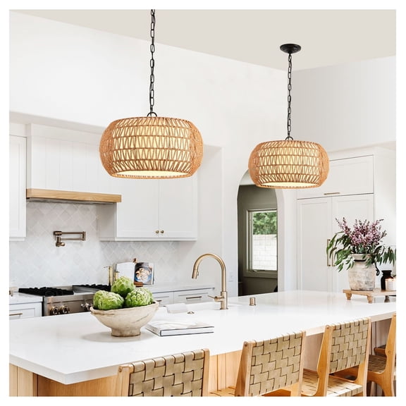 18" Farmhouse Pendant Light, Boho Woven Jute Rope Chandelier, Adjustable Height Hanging Ceiling Light Fixture, E26 Base, 60W Max