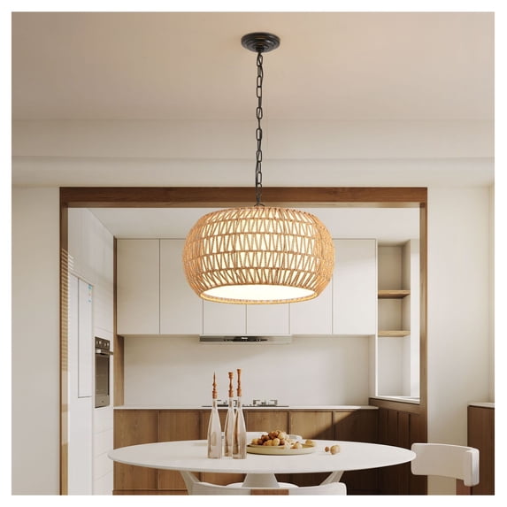 18" Farmhouse Pendant Light, Woven Jute Rope Chandelier, Adjustable Height, E26 Socket, Boho Ceiling Light Fixture for Dining Room, Bedroom - Bulb Not Included