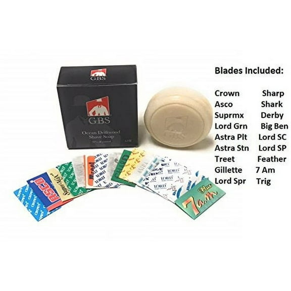 18 Feather, Astra, Derby, Bic, Super Max, Lord Sampler Blades -- Plus Gbs 3 Oz Ocean Driftwood Shave Soap