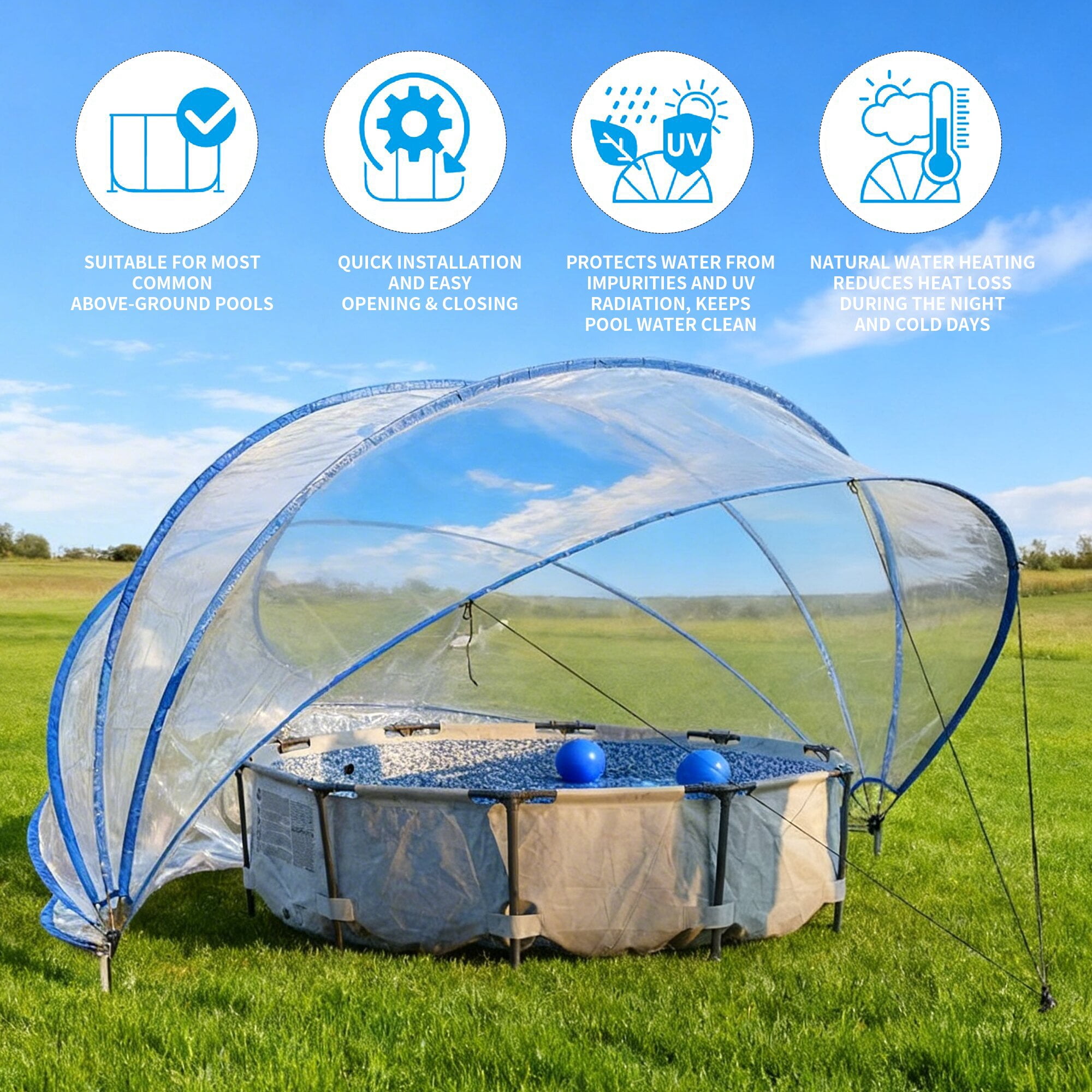 18-Feet Retractable Pool Cover, PVC Film Fiberglass Rod Pool Fence, Outdoor Swimming Pool Accessories