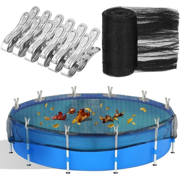 18 Feet Round Leaf Net Cover for Above Ground Pool, Winter Cover Mesh Cover with 12 Pcs Large Metal Clips,Pool Safety Net Fits 18FT Above Ground Pools, Keeps Leaves Out of Your Pool