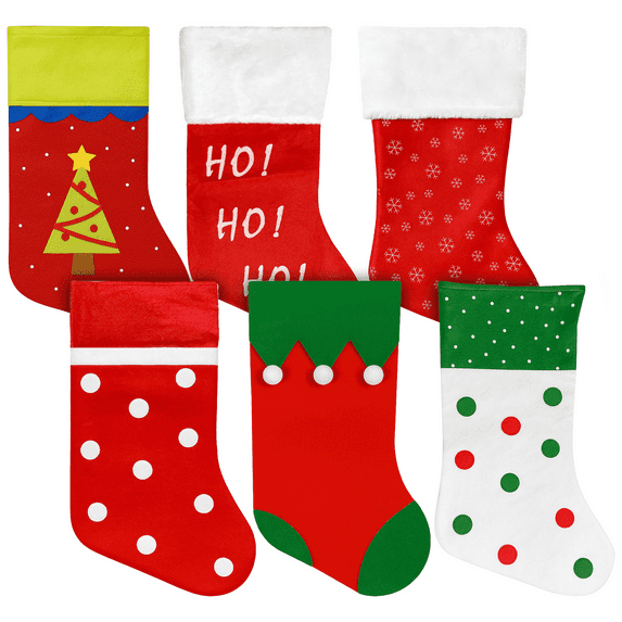 18" Felt Christmas Stockings w/Novelty Designs & Hanging Tag (Set of 6)