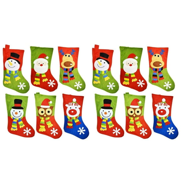 18" Felt Christmas Stockings with Hanging Tag - Set of 12 (Designs Include: Santa, Snowman, Reindeer, Polar Bear, & Owl)