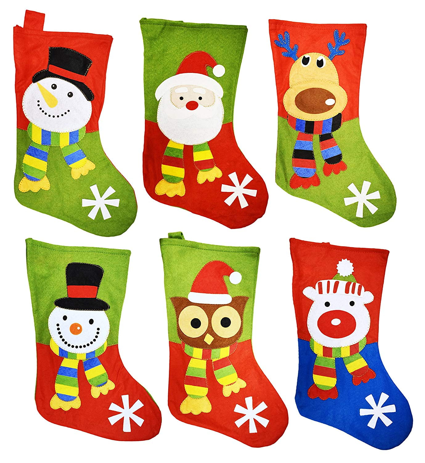 18 Felt Christmas Stockings with Hanging Tag - Set of 6 (Designs Include:  Santa, Snowman, Reindeer, Polar Bear, & Owl)