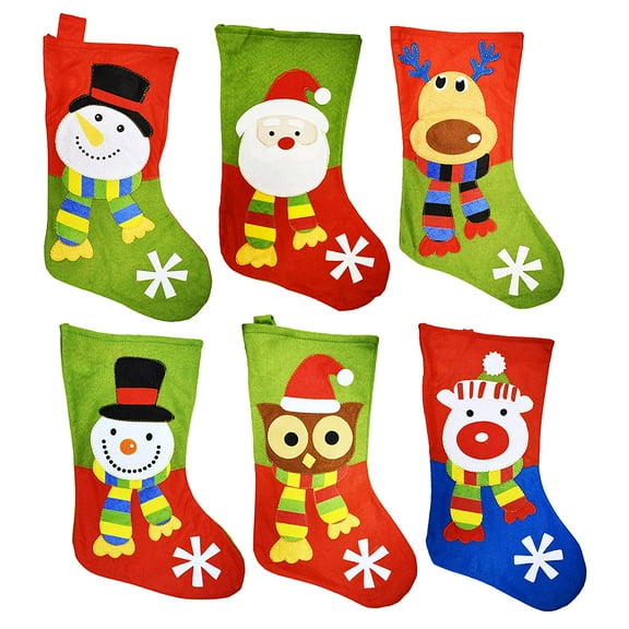 18" Felt Christmas Stockings with Hanging Tag - Set of 6 (Designs Include: Santa, Snowman, Reindeer, Polar Bear, & Owl)