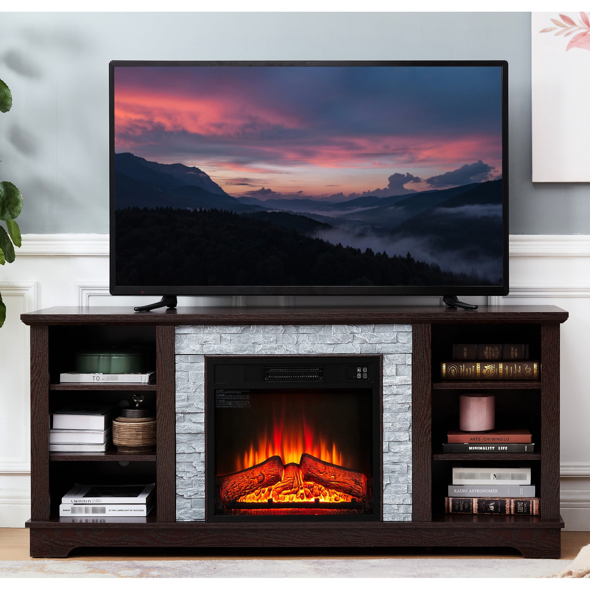 18" Fireplace Insert Tv Console, Cherry, 59.4"w X 15.7"d 26.02"h, Fits