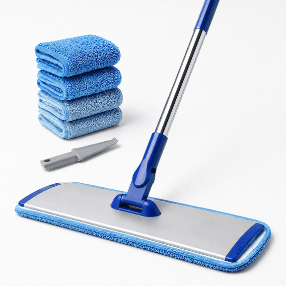 18" Flat Floor Mop With Stainless Steel Handle, 4 Reusable Washable Pads and Brush