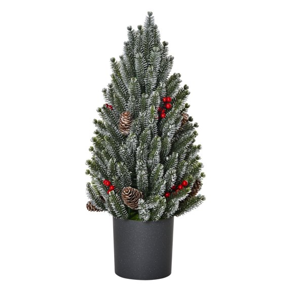 18" Flocked Christmas Tree - Mini Artificial Pine Tree with Berries & Pinecones - Holiday Tabletop Decoration