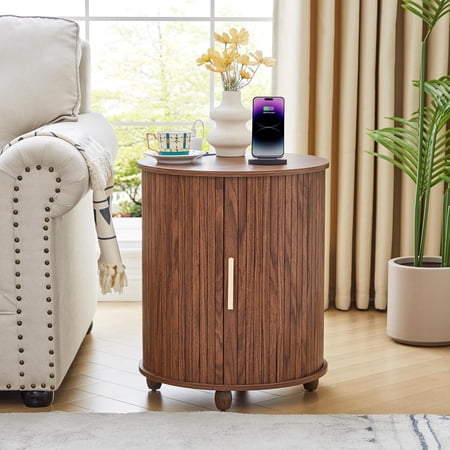 18" Fluted Round Nightstand with Charging Station,Mid Century Small Round Bed Side Table with Storage for Living Room, Walnut Color Wood End Table with Silding Door for Bedroom (1Pcs, Walnut)) price history and forecast - SUJOUCRAFT