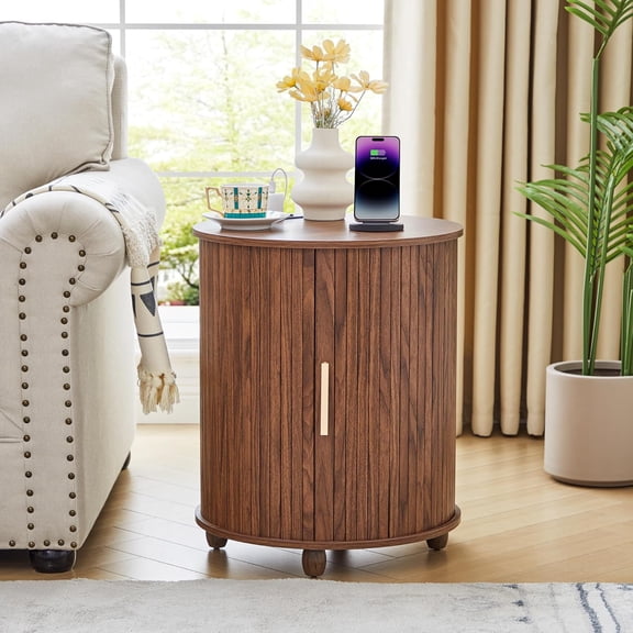 18" Fluted Round Nightstand with Charging Station,Mid Century Small Round Bed Side Table with Storage for Living Room, Walnut Color Wood End Table with Silding Door for Bedroom (1Pcs, Walnut))