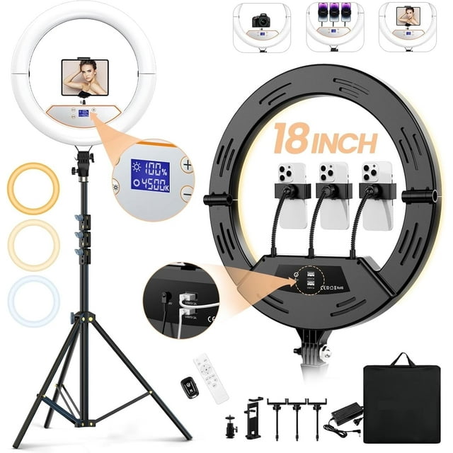 18” Foldable LED Ring Light with Stand for iPhone & iPad, Dimmable 2700-6500K with LED Display, 2 USB Ports & 4 Phone/Tablet Holders – Perfect for Makeup, Tattoo, Barber, Studio & Video Recording