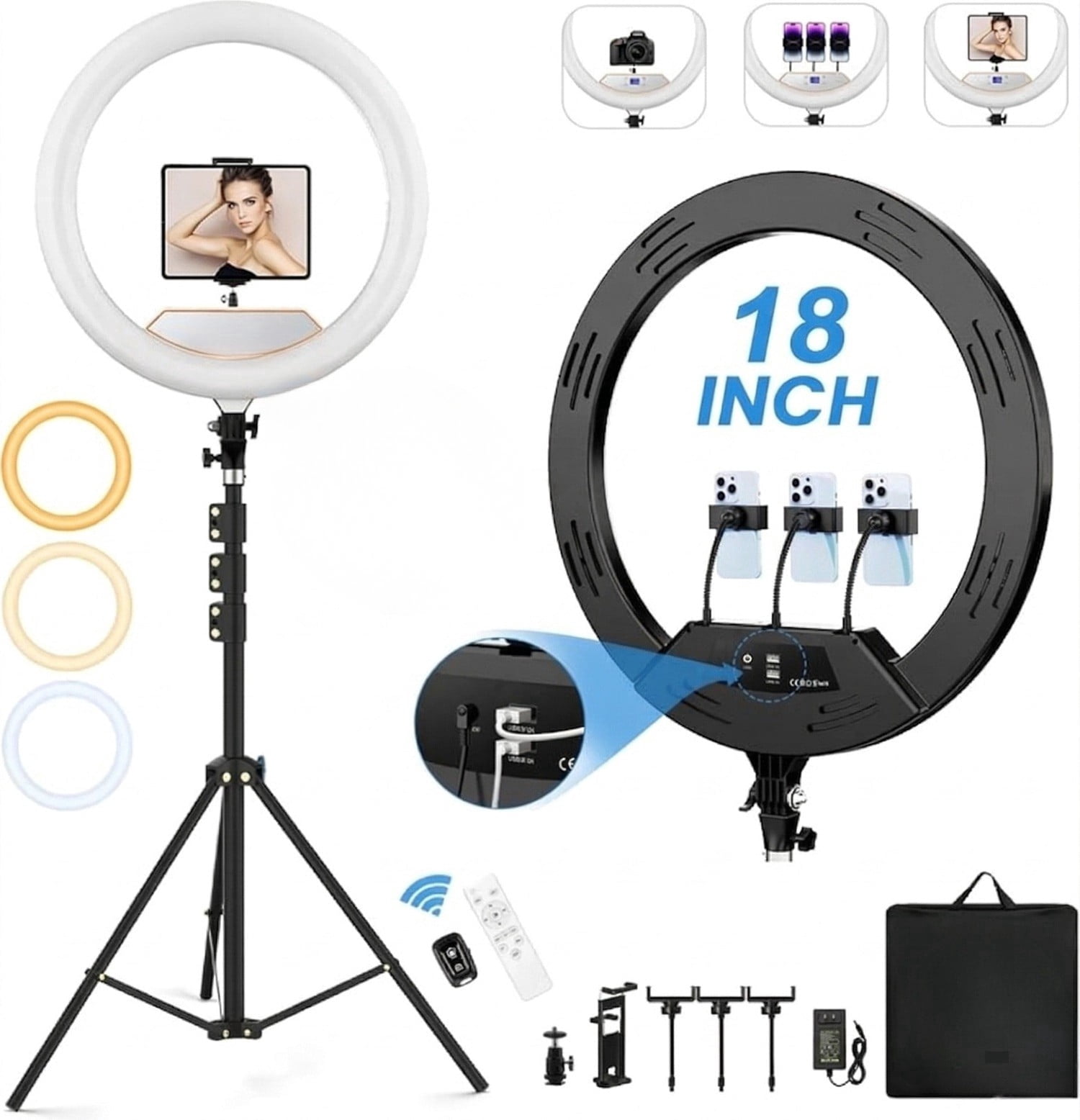 18” Foldable LED Ring Light with Stand for iPhone & iPad, Dimmable 2700-6500K with LED Display, 2 USB Ports & 4 Phone/Tablet Holders – Perfect for Makeup, Tattoo, Barber, Studio & Video Recording