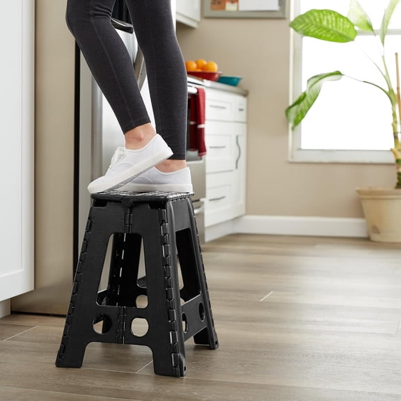 18" Folding Step Stool with Handle, Black - Portable Collapsible Small Plastic Foot Stool for Adults - Use in The Kitchen, Bathroom and Bedroom