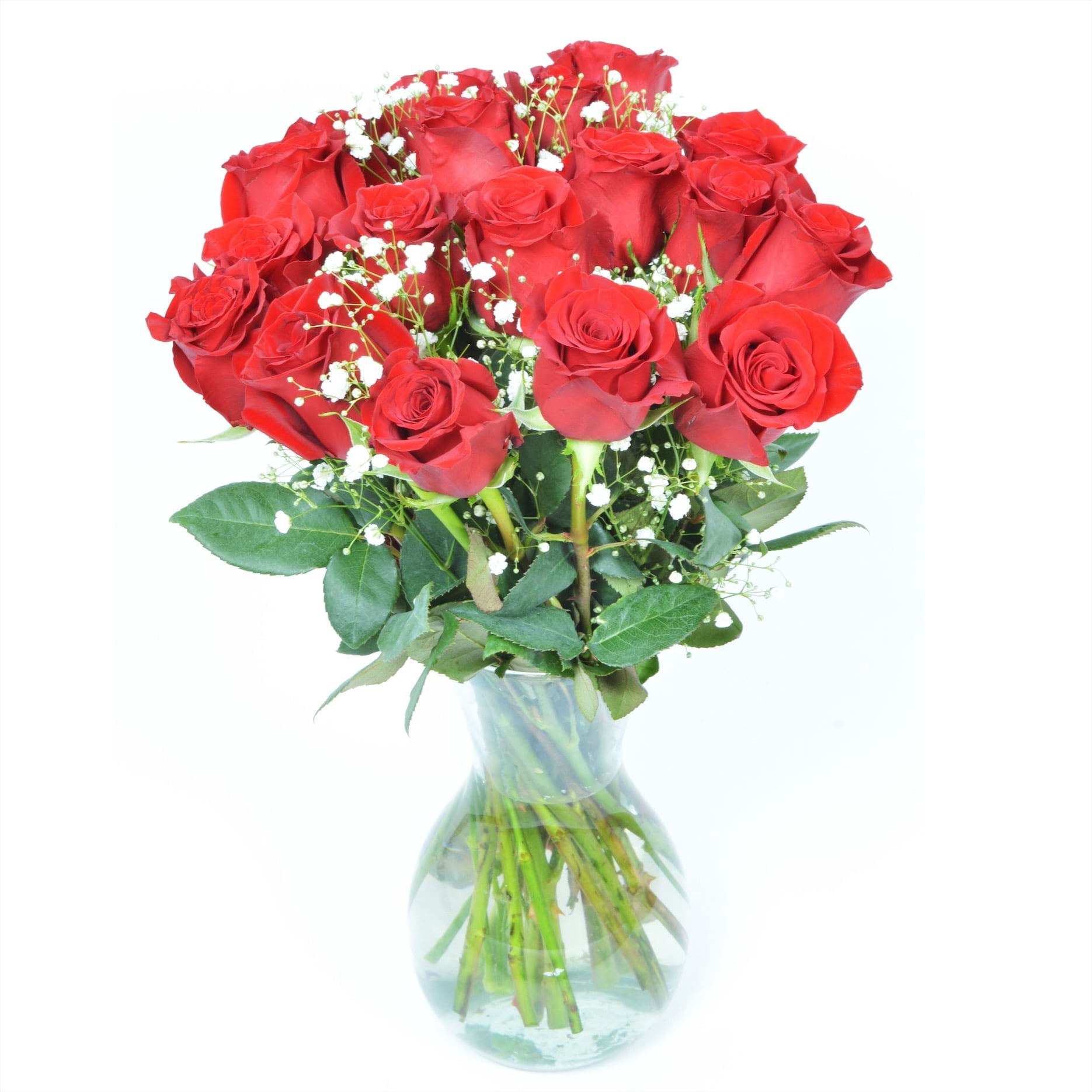 18 Fresh-Cut Red Roses by Arabella Bouquets with a Free Hand-Blown Glass Vase (Fresh-Cut Roses, Red)