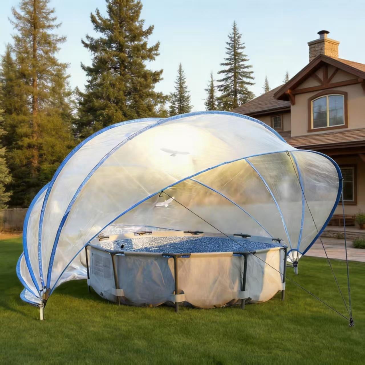18 Ft Retractable Pool Cover, Above Ground Pool Enclosure with PVC Film & Fiberglass Rods, Outdoor Swimming Pool Tent with UV Protection, Extend Season, Blue