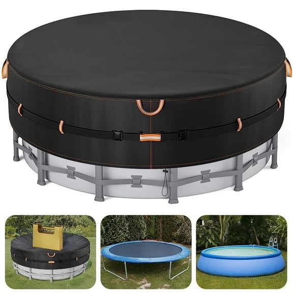 18 Ft Round Pool Cover with Reflective Strips, Swimming Pool Cover for Above Ground Pools, Solar Cover Including Rope Tie and Luminous Ground Nails, PU Tarp Snug Fit for UV Protected