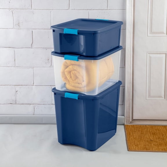 18 Gal Latch and Carry Stackable Storage Bin with Clear Blue Lid -  Plastic Organizer for Closets