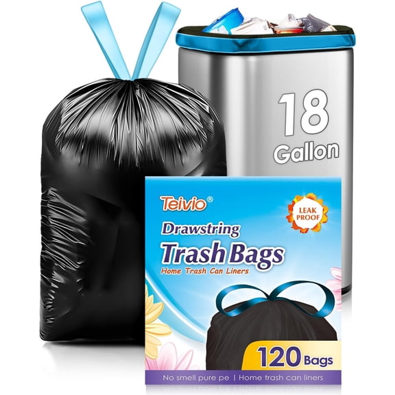 18 Gallon 120 Counts Strong Drawstring Trash Bags Garbage Bags by , Bathroom Trash Can Bin Liners, Plastic Bags for home office kitchen, Black
