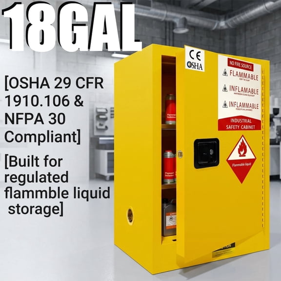 18 Gallon Flammable Storage Cabinet, 35(H) x 23(L) x 18.11(D) Inch Galvanized Steel Yellow, Fireproof Liquid Storage, Hazardous Storage Cabinets, Safety Cabinets for Industrial Warehouse