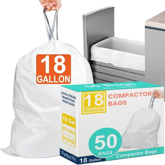 18 Gallon Heavy Duty Compactor Trash Bags 50 Count Reinforced Drawstring Garbage Liners 1.2 Mil Thickness Fit 18 Gallon Compatible with Kitchenaid, Whirpool, GE 15 Inch Compactors GRAND SAVE!