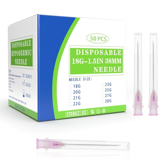 18 Gauge 1.5 Inch Disposable Needles with Caps - Luer Lock Lab Dispensing Accessories Individually Wrapped, Box of 50