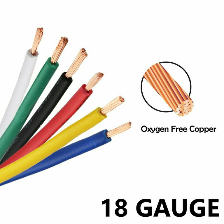 18 Gauge 6 Color High Temp Hookup Primary Wire Low Voltage Lighting Copper Cable 16ft/35ft/60ft/100ft/ Ea, Size: 16ft * 6Color, Black