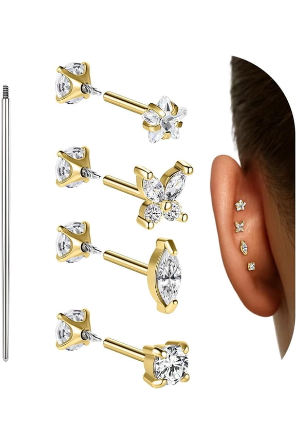 18 Gauge Flat Back Stud Earrings Hypoallergenic Surgical Stainless Steel Cartilage Earrings for Women 14K Gold Plated Internal Thread Tragus Conch Helix Earlobe Piercing Jewelry[w201]