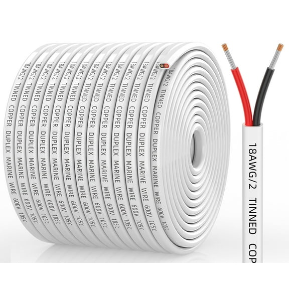 18 Gauge Marine Wire, 18/2 Duplex Marine Grade Cable, IP68 Waterproof/Oxygen-Free Tinned Copper Stranded PVC 18 AWG Wire for Boat, Automotive, RV, Solar, LED Strips (200FT)