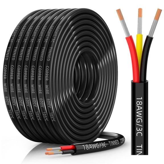 18 Gauge Wire 3 Conductor Electrical Wire, 18 A Tinned Copper Stranded PVC Cable, IP68 Waterproof/Flexible/Low Voltage Cord for Automotive, Marine, Solar, LED Lighting (30FT)