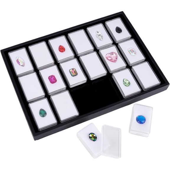 18 Gem Holder with Case 2.2x1.4 inch Gemstone Display Box Square Gemstone Storage Box Diamond Display Case Gems Organizer with Foam for Collectibles Rhinestone Stone White White