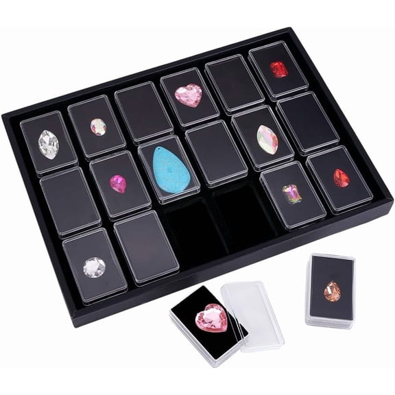 18 Gem Holder with Case 2.2x1.4 inch Square Gemstone Storage Box Diamond Display Case Gems Organizer Gemstone Display Box with Foam for Collectibles Rhinestone Stone Black DIY