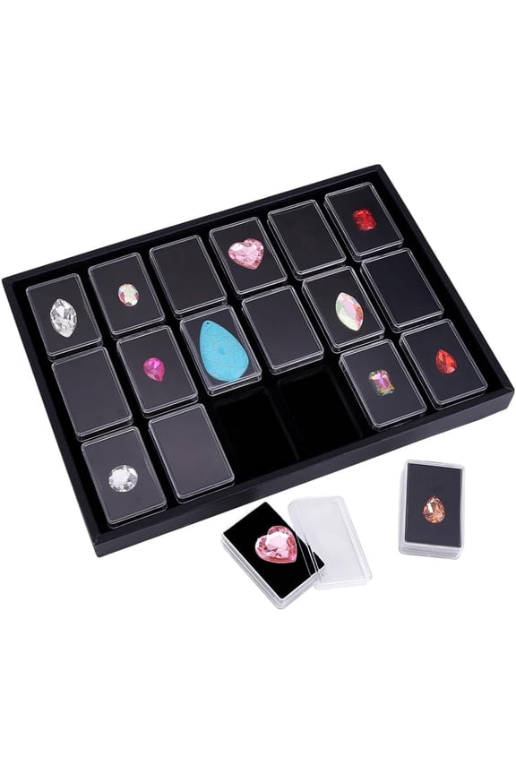 18 Gem Holder with Case 2.2x1.4 inch Square Gemstone Storage Box Diamond Display Case Gems Organizer Gemstone Display Box with Foam for Collectibles Rhinestone Stone Black