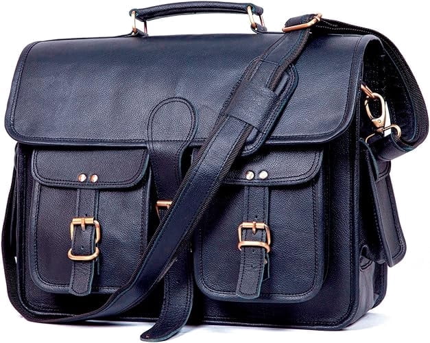 18" Genuine Handmade Leather Messenger Bag | Leather Briefcase | Unbreakable Shoulder Strap And Buckles | Laptop Bag for Men & Women (Black)