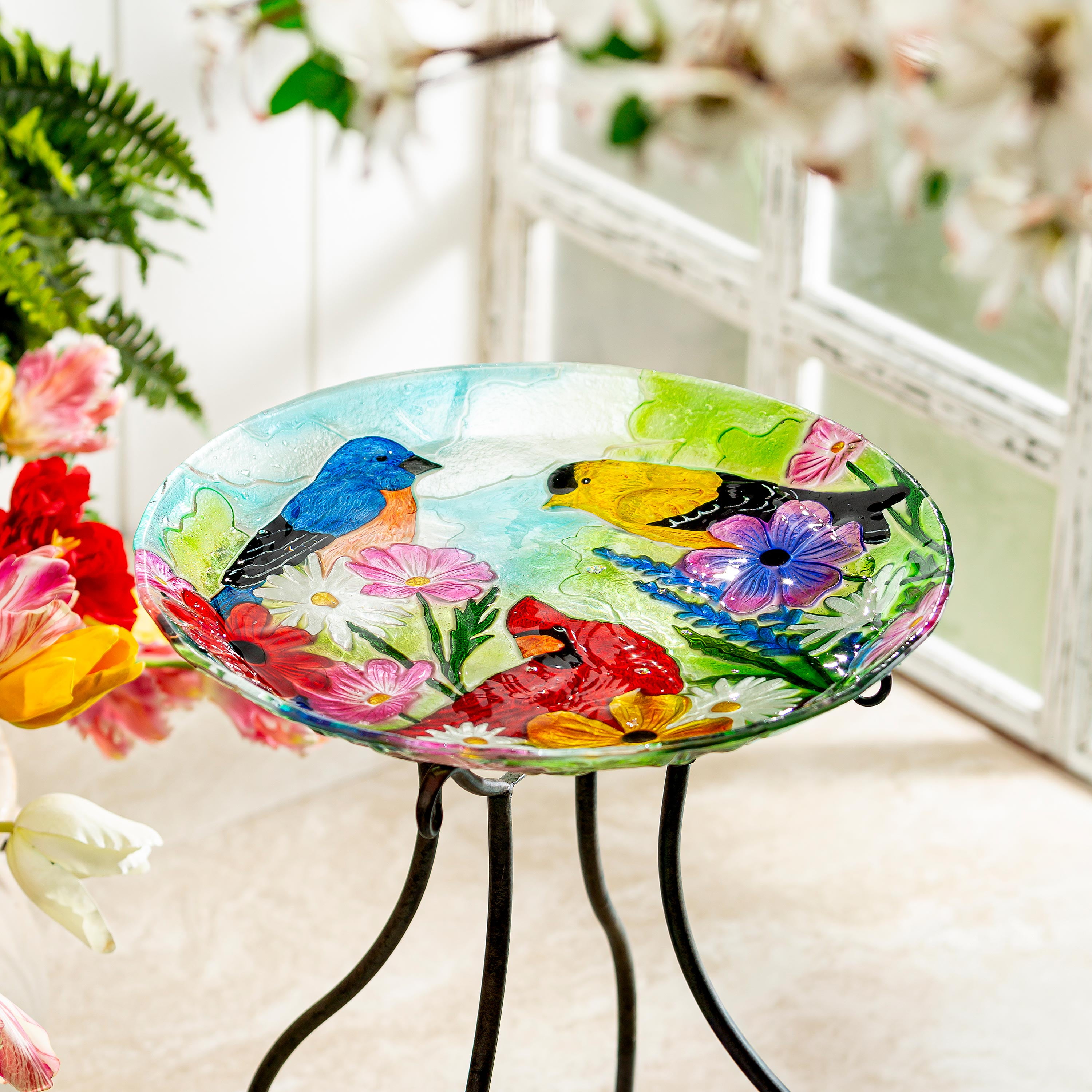 18" Glass Bird Bath, Feathered Trio