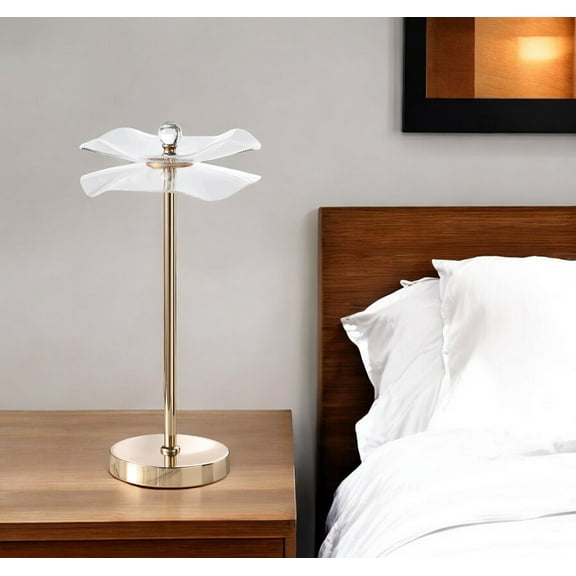 HomeRoots 568833 18 in. Gold Bedside LED Lamp with Clear Acrylic Novelty Wavy Shade