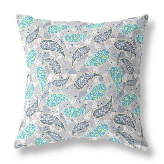 18†Gray Green Boho Paisley Indoor Outdoor Throw Pillow