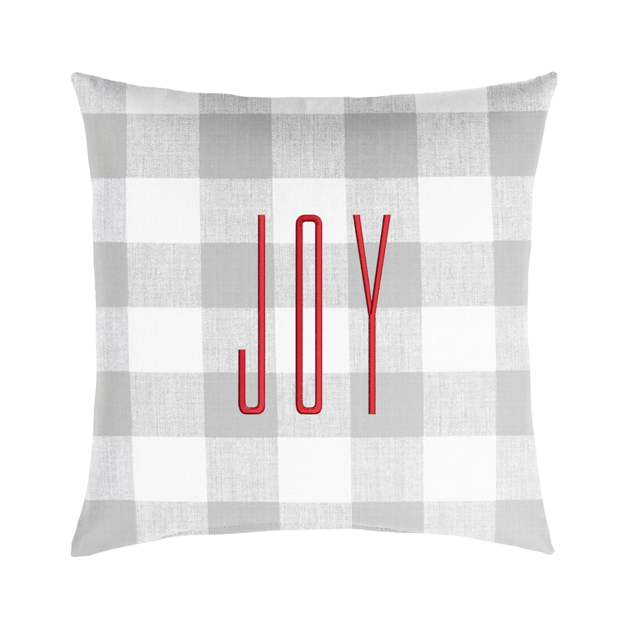18" Gray and White Plaid Single Embroidered Decorative "Joy" Square Lumbar Pillow