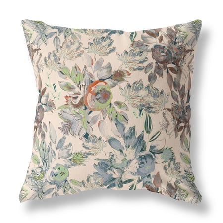 18â€ Green Brown Florals Indoor Outdoor Zippered Throw Pillow