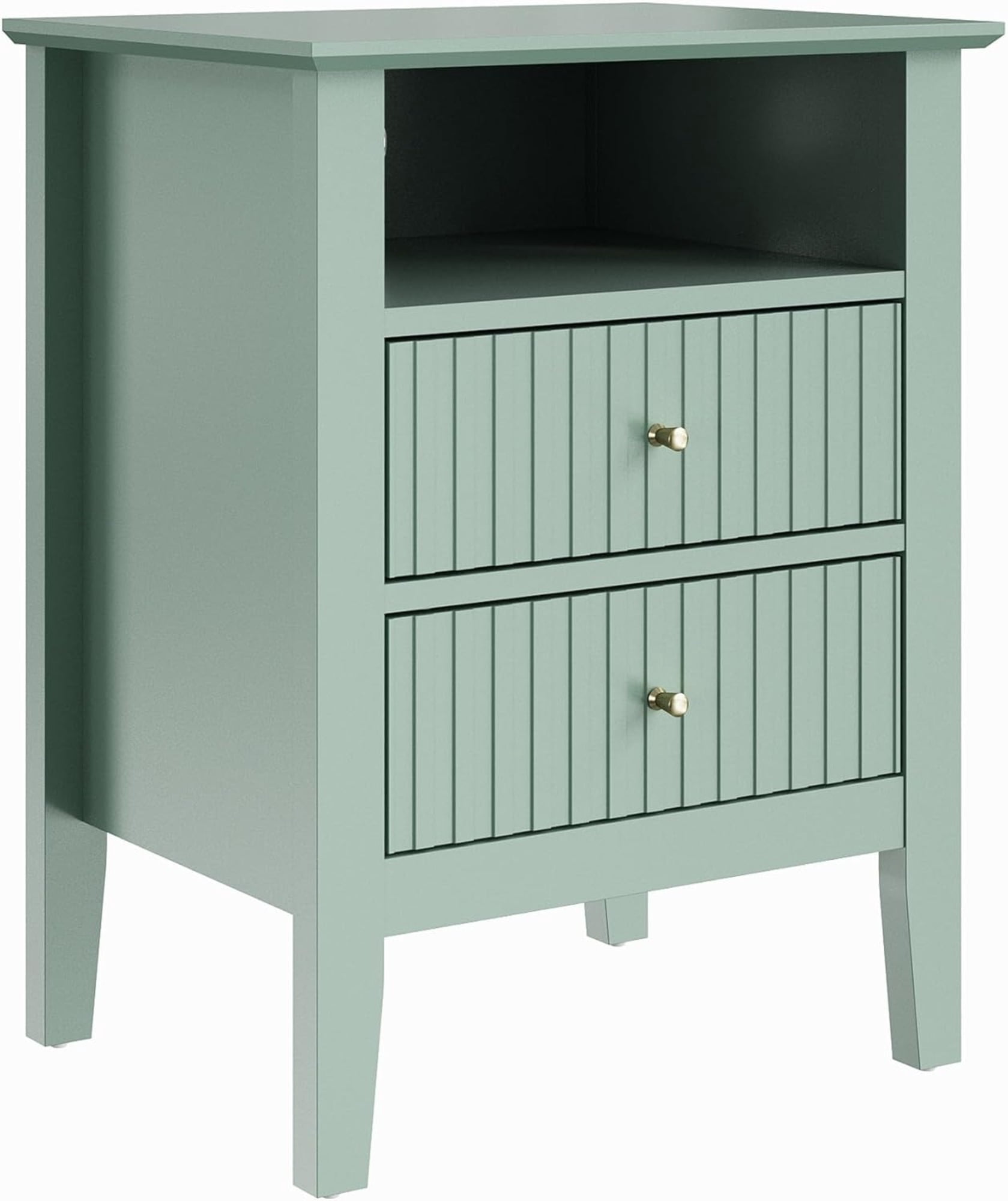 18" Green Fluted Nightstand, 2-Drawer Modern Side Table with Gold Knobs, Soft-Close Drawers & Anti-Tip Kit, P2 MDF Storage Cabinet for Bedroom Living Room