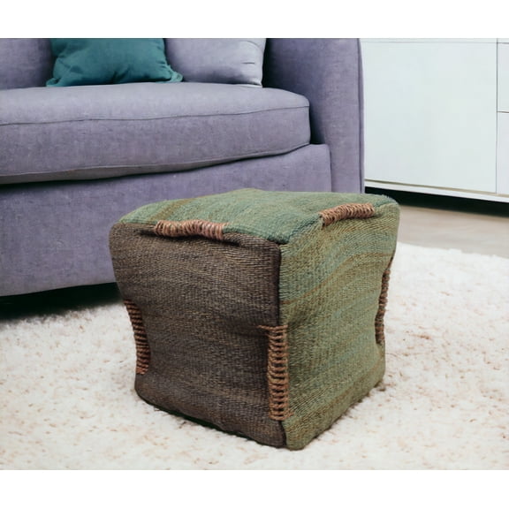 18" Green and Brown Jute Cube Pouf Ottoman
