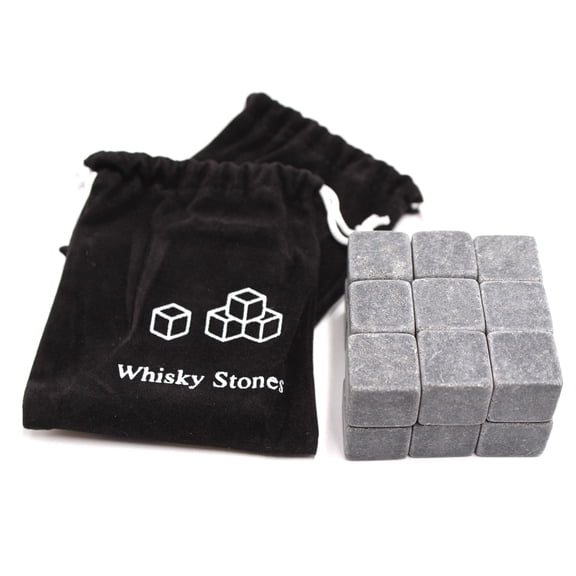 18 Grey Soapstone Chilling Stones with 2 Velvet Bags for Whiskey & Beverages