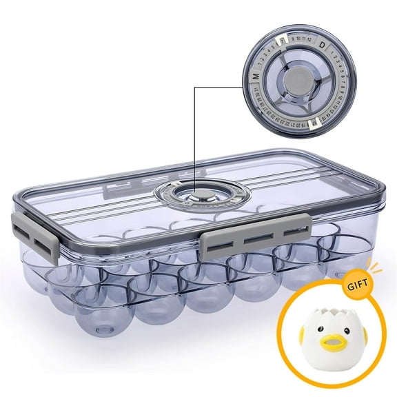 18 Grids Egg Holder for Fridge, Egg Storage Organizer for Refrigerator with 1Pc Egg Separator, Plastic Egg Storage Box with Time Reminer and Lid, Reusable Egg Carton Tray Stackable, Gray