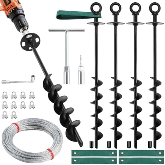 18'' Ground Anchors Screw in Heavy Duty, Shed Anchor Kit with Straps & Steel Cable & Tools, Earth Anchors for Mobile Home, Carports, Swing Set, Tree, Trampoline - Secure Against High Winds(4)
