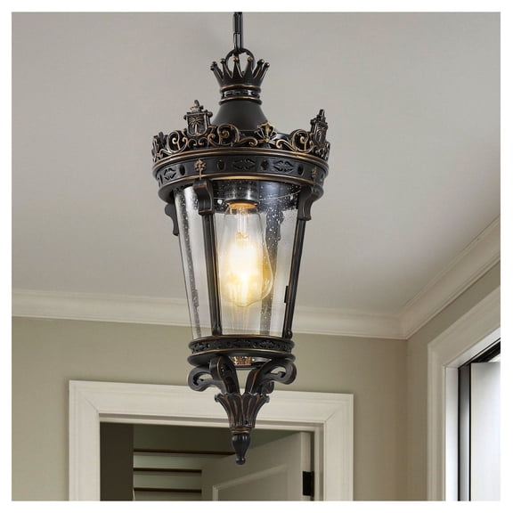 18"(H) Antique Crown Outdoor Hanging Lantern, Waterproof Vintage Pendant Light with Ornate Metal Design and Clear Glass for Patio, Garden, Porch, Entryway Lighting (One piece&No bulb)