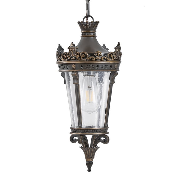 18"(H) Antique Crown Outdoor Hanging Lantern, Waterproof Vintage Pendant Light with Ornate Metal Design and Clear Glass for Patio, Garden, Porch, Entryway Lighting (One piece&No bulb)