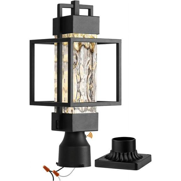18" H Dusk to Dawn Outdoor Post Light Fixture Hardwired 120V, Waterproof Aluminum Pole Light with Pier Mount Base, Matte Black Exterior Lamp Post Lantern with Water Glass for Garden Yard Patio Path