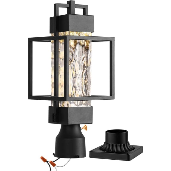 18" H Dusk to Dawn Outdoor Post Light Fixture Hardwired 120V, Waterproof Aluminum Pole Light with Pier Mount Base, Matte Black Exterior Lamp Post Lantern with Water Glass for Garden Yard Patio Path
