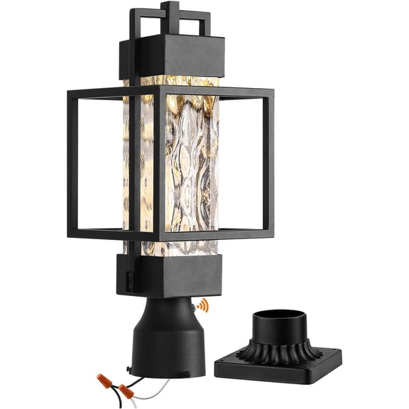 18" H Dusk to Dawn Outdoor Post Light Fixture Hardwired 120V, Waterproof Aluminum Pole Light with Pier Mount Base, Matte Black Exterior Lamp Post Lantern with Water Glass for Garden Yard Patio Path