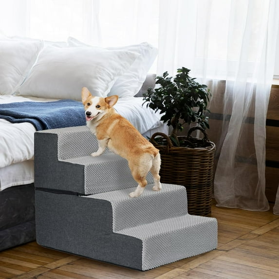 18"H Gray 4-Step Pet Stairs - High-Density Sponge, Removable Washable Cover & Non-Slip Base for Couches/Beds
