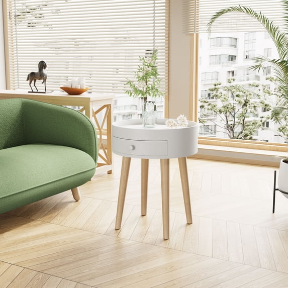 18"H Round Coffee Table, Modern Small Side Table with Wood Legs and Storage Drawer, Simple Home End Table with White Tray for Living Room, Bedroom, Office